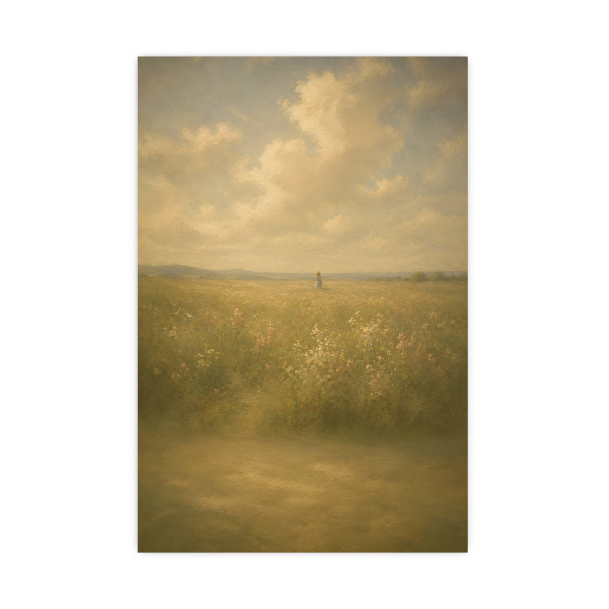 Small in the Field — a single figure very small and far off in a wide wildflower field under a wide summer sky, 20x30 in prin