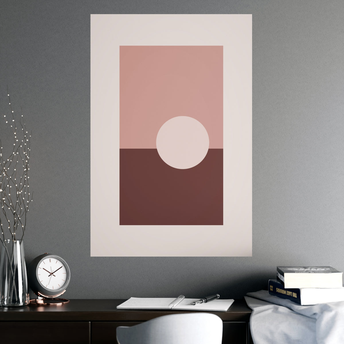 Dusty Rose Sun Landscape Wall Art — sun landscape in a dusty rose palette, shown framed on a wall