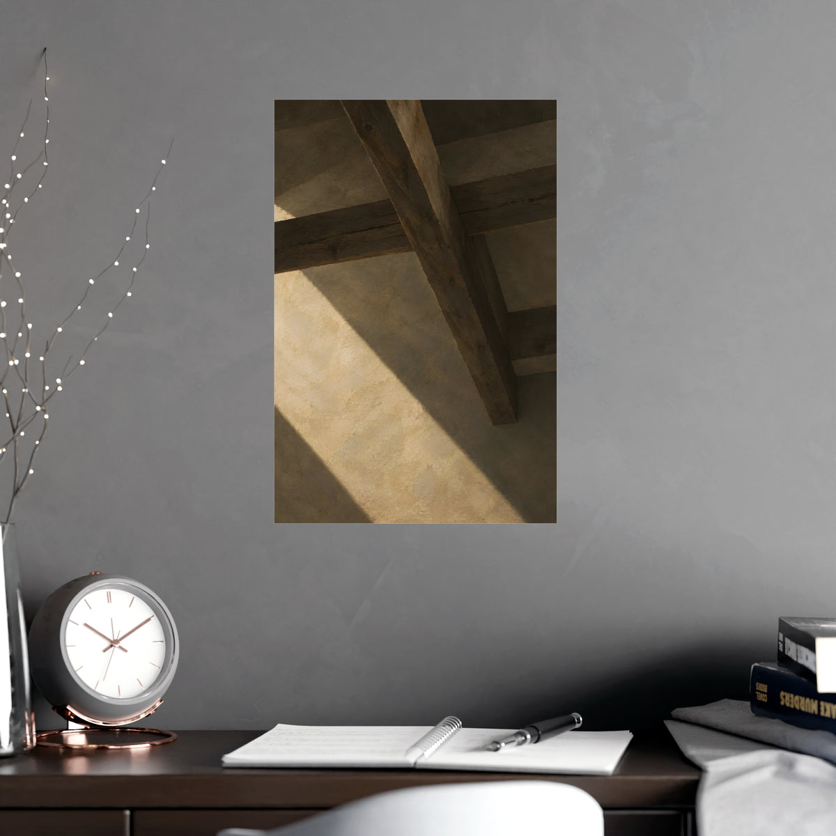 Beams Overhead — beams overhead, shown framed on a wall