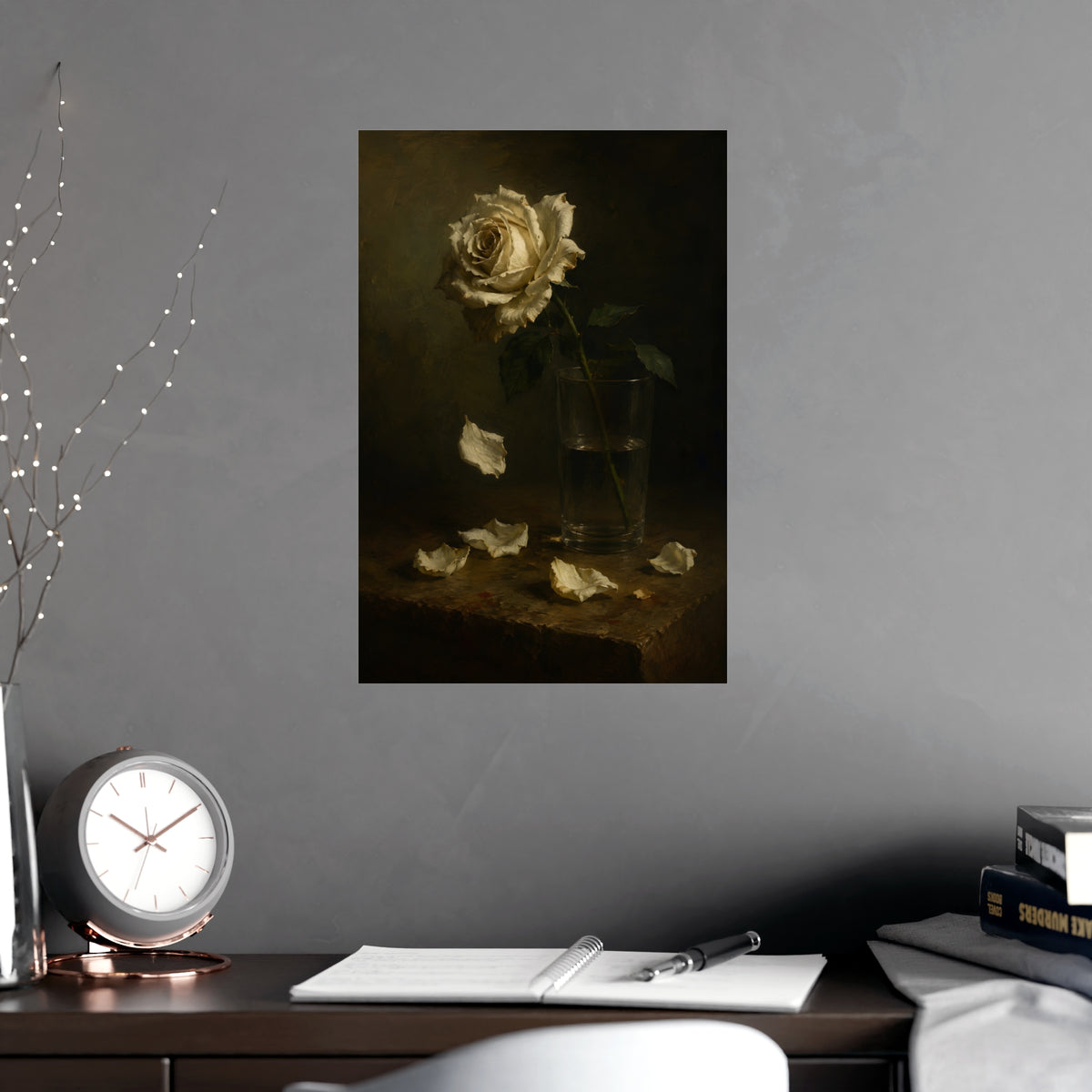White Rose, Falling — white rose, falling, shown framed on a wall