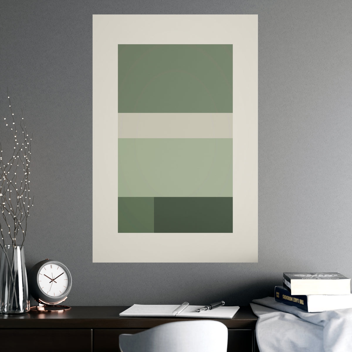 Sage Neutral Blocks Boho Wall Art — blocks in a sage neutral palette, shown framed on a wall