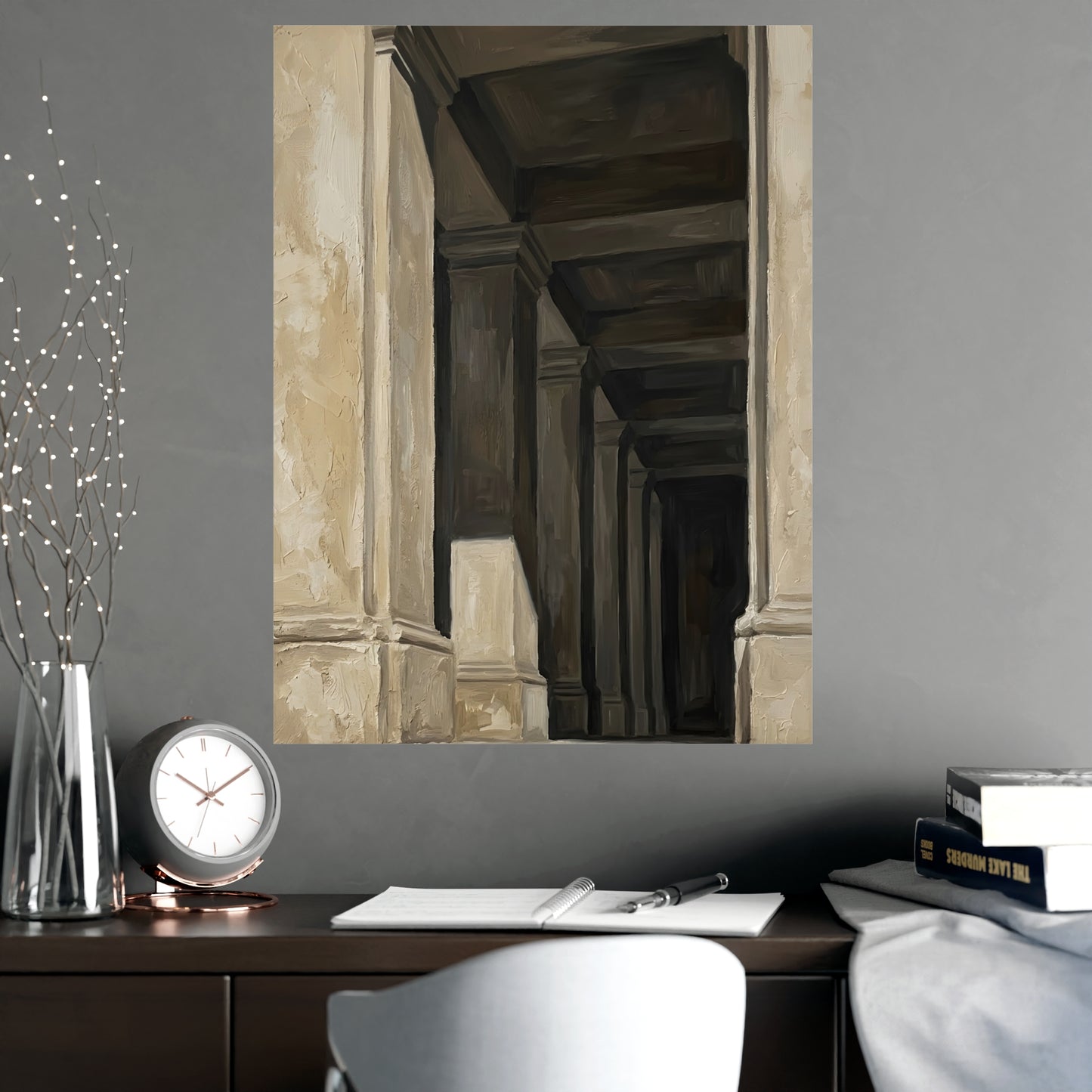 Colonnade hung above a desk with a clock and notebook, 18x24 in print