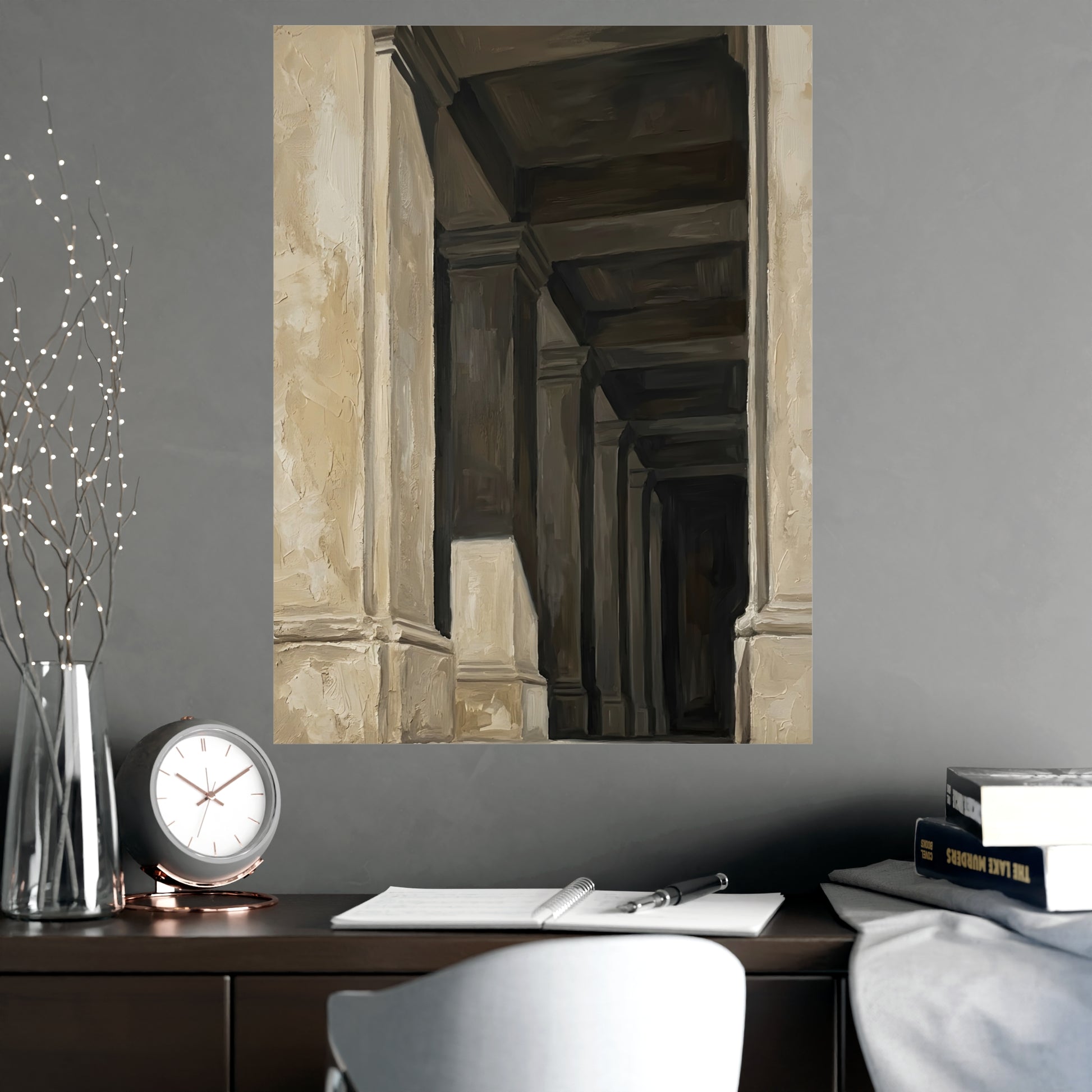 Colonnade hung above a desk with a clock and notebook, 18x24 in print