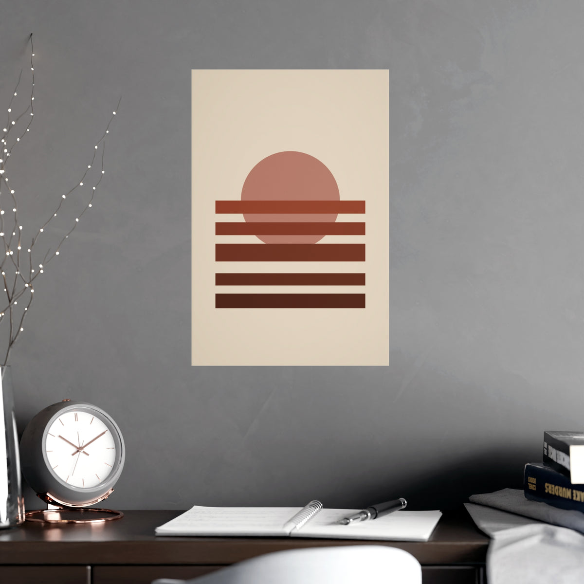 Muted 70s Sunset Landscape Wall Art — sunset landscape in a muted 70s palette, shown framed on a wall