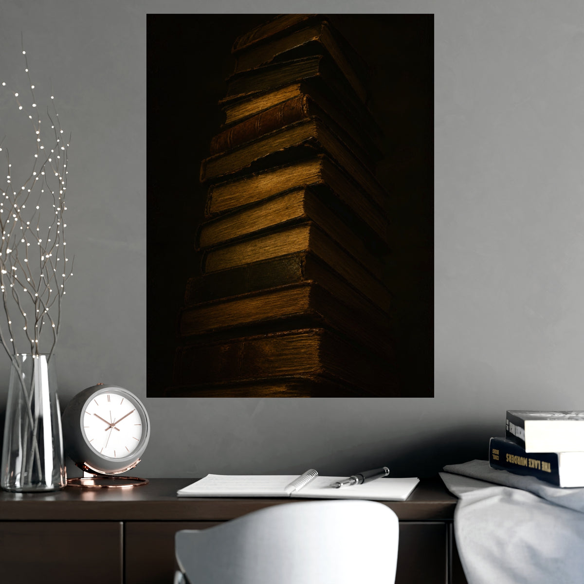 Books, Stacked — books, stacked, shown framed on a wall