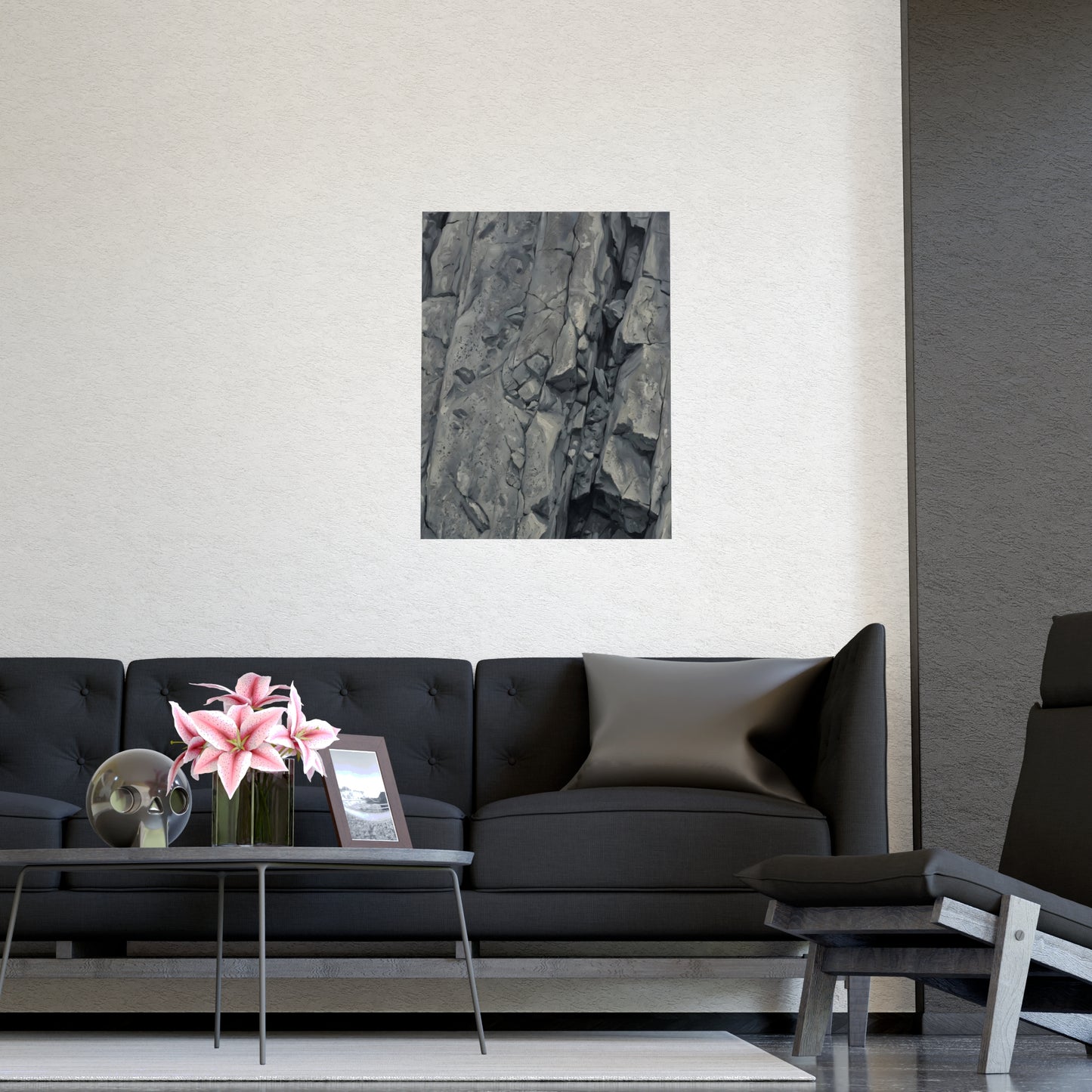 Rock Face hung above a sofa with a side table and lilies, 11x17 in print