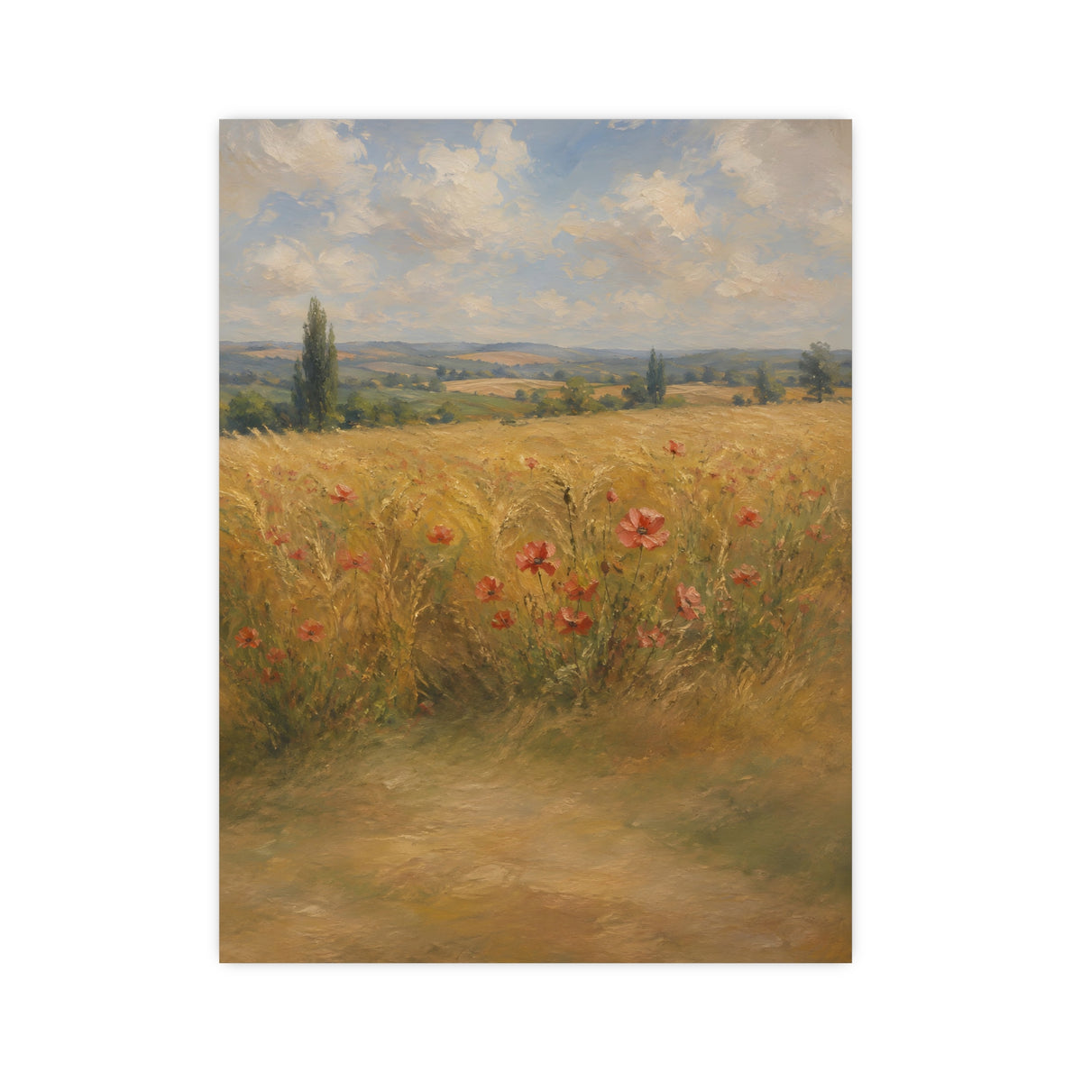 Poppies in the Wheat — wheat fields under a wide summer sky with poppies scattered through the gold, 12x16 in print