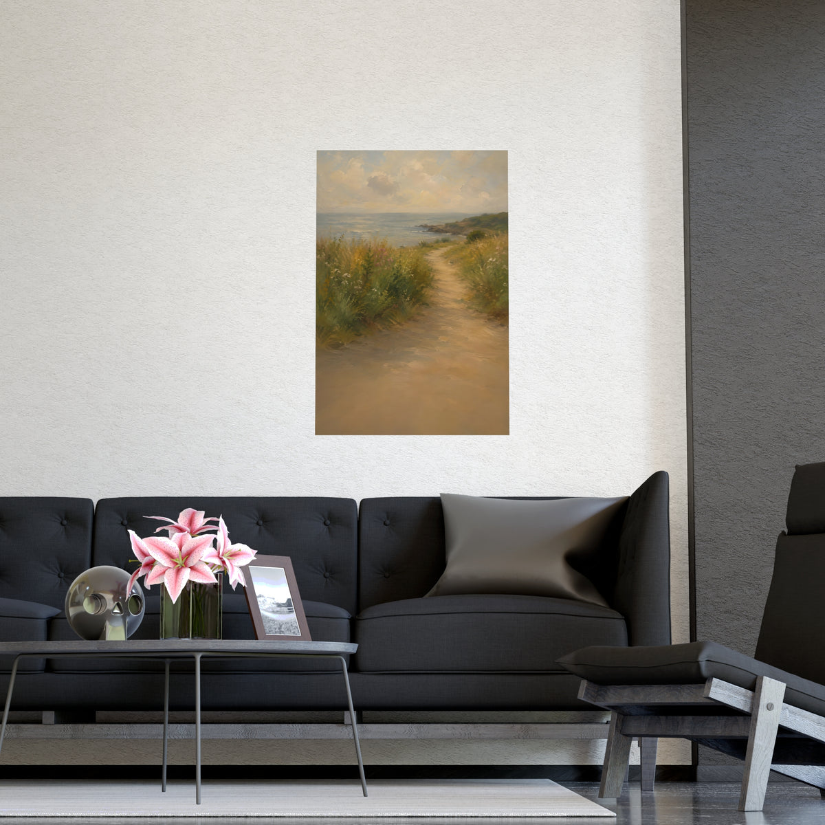 Coast Path — a sandy path through wild grasses and sea pinks with a calm sea beyond, shown framed on a wall