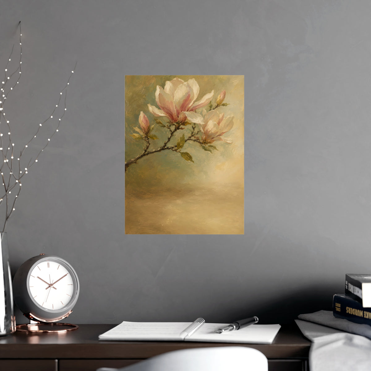 Magnolia Branch — a single magnolia branch in bloom, shown framed on a wall