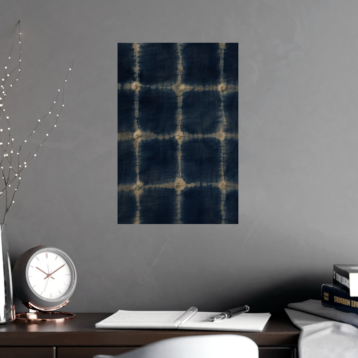 Indigo, Tied — indigo, tied, shown framed on a wall