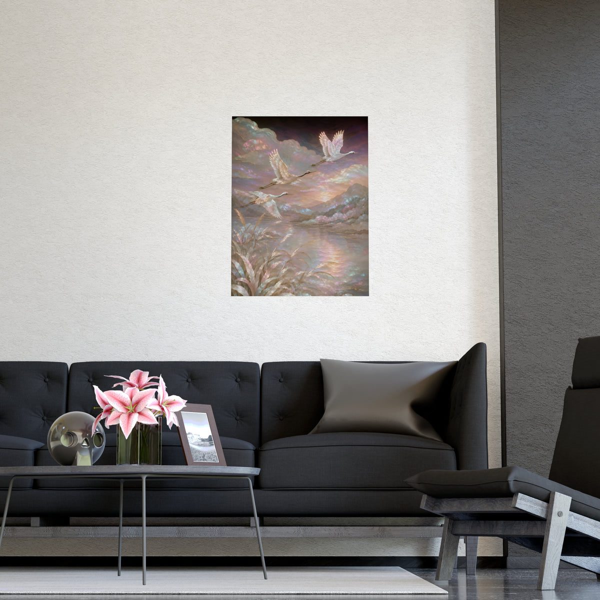 Cranes over Water — cranes over water, shown framed on a wall