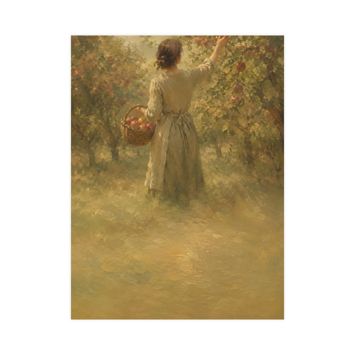 Picking Apples — a woman picking apples in an orchard in early autumn, seen from behind, 18x24 in print