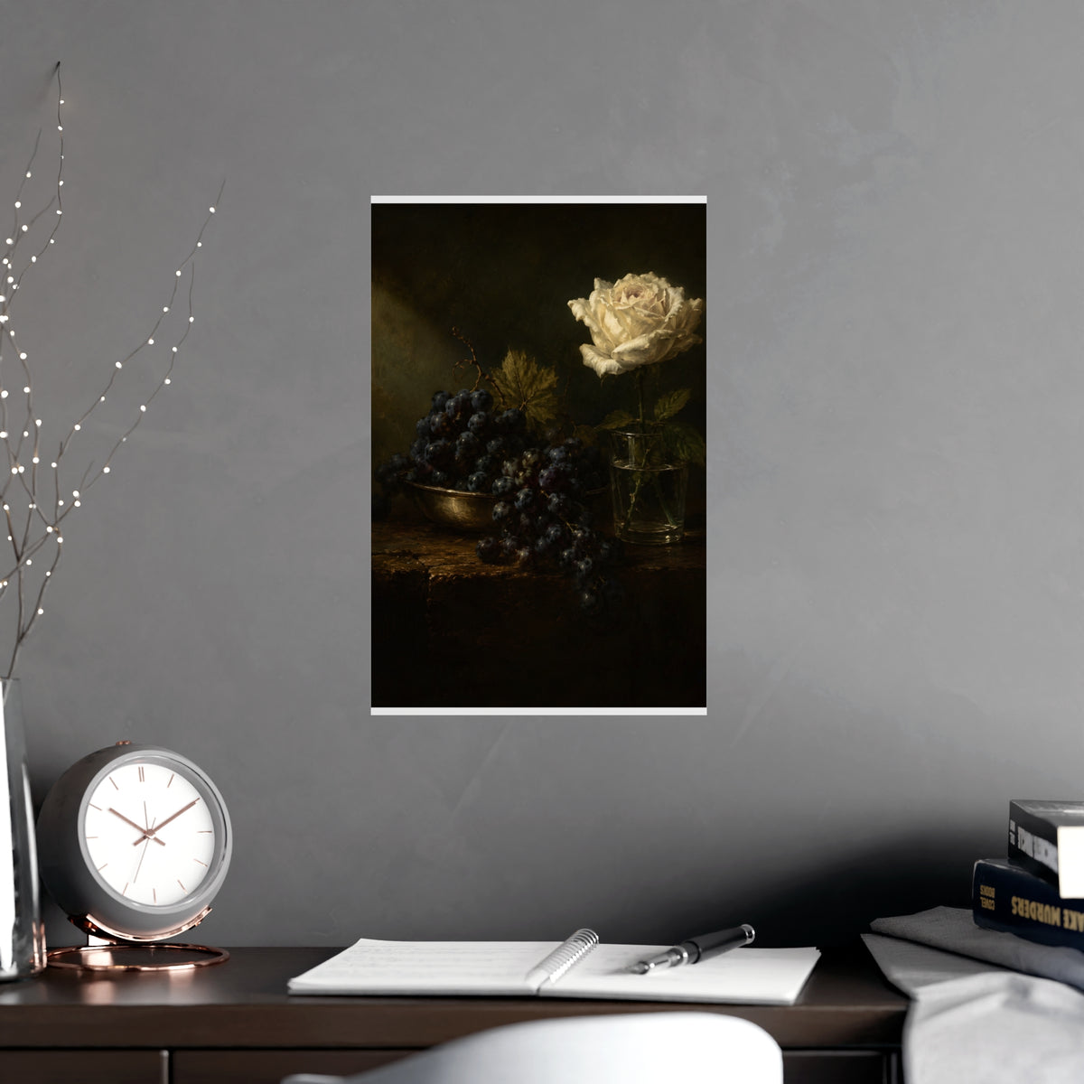 Grapes and a White Rose — grapes and a white rose, shown framed on a wall