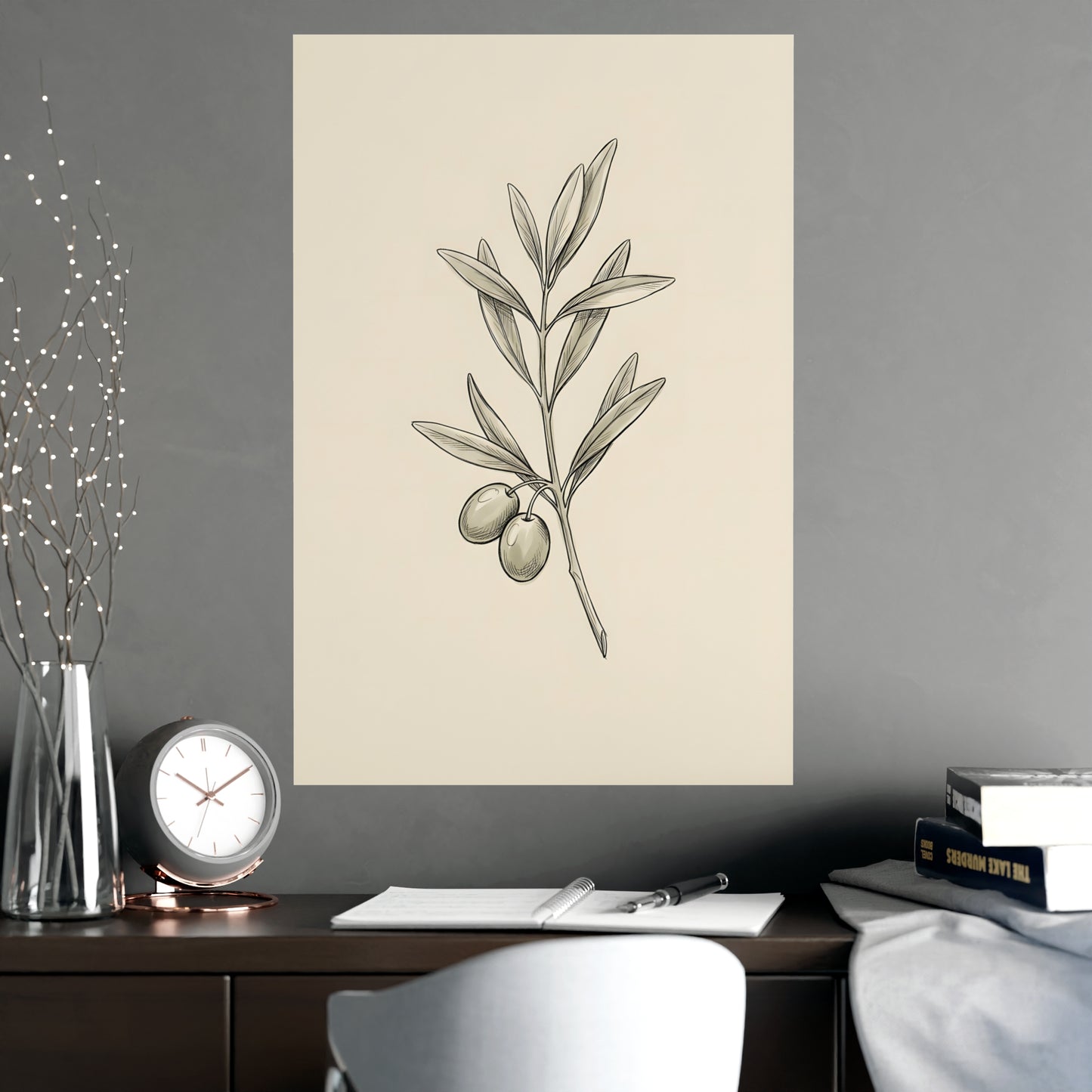 Olive Branch framed on a cream wall in a living room, 20x30 in print