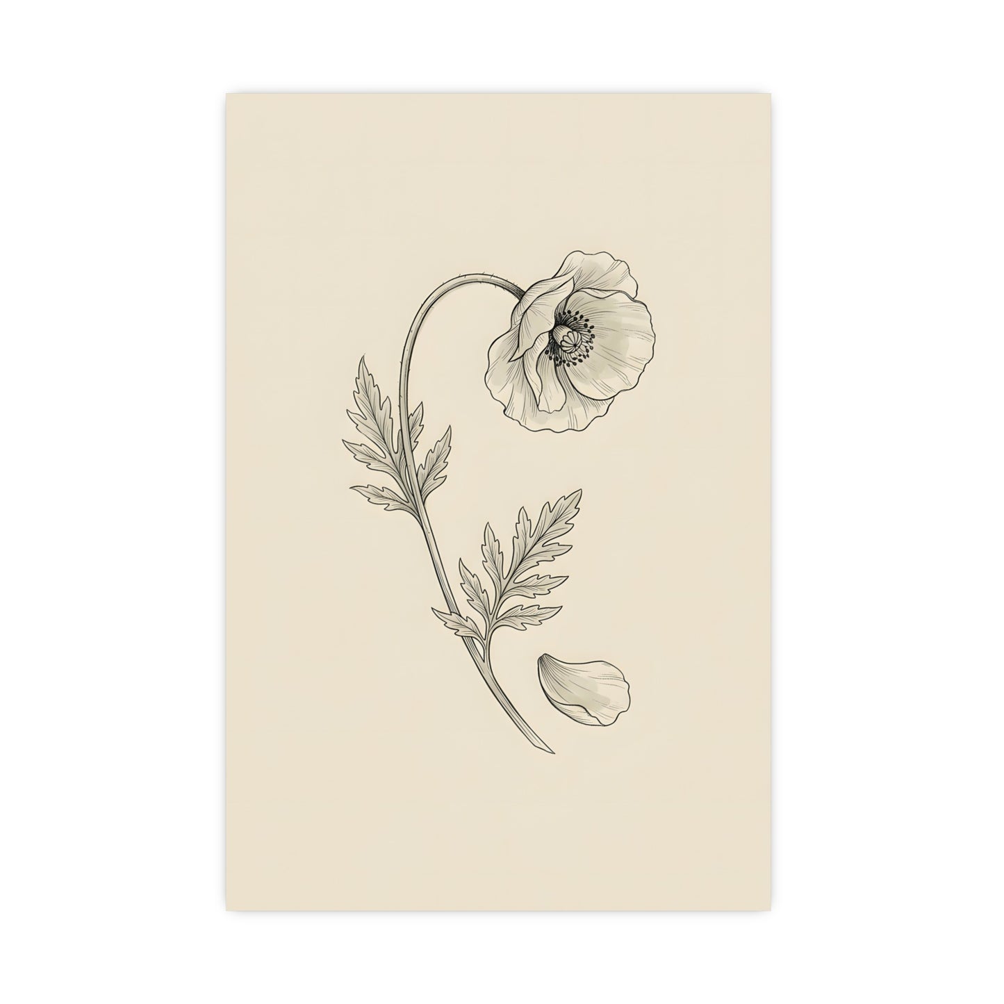 Wild Poppy hung above a desk with a clock and notebook, 18x24 in print