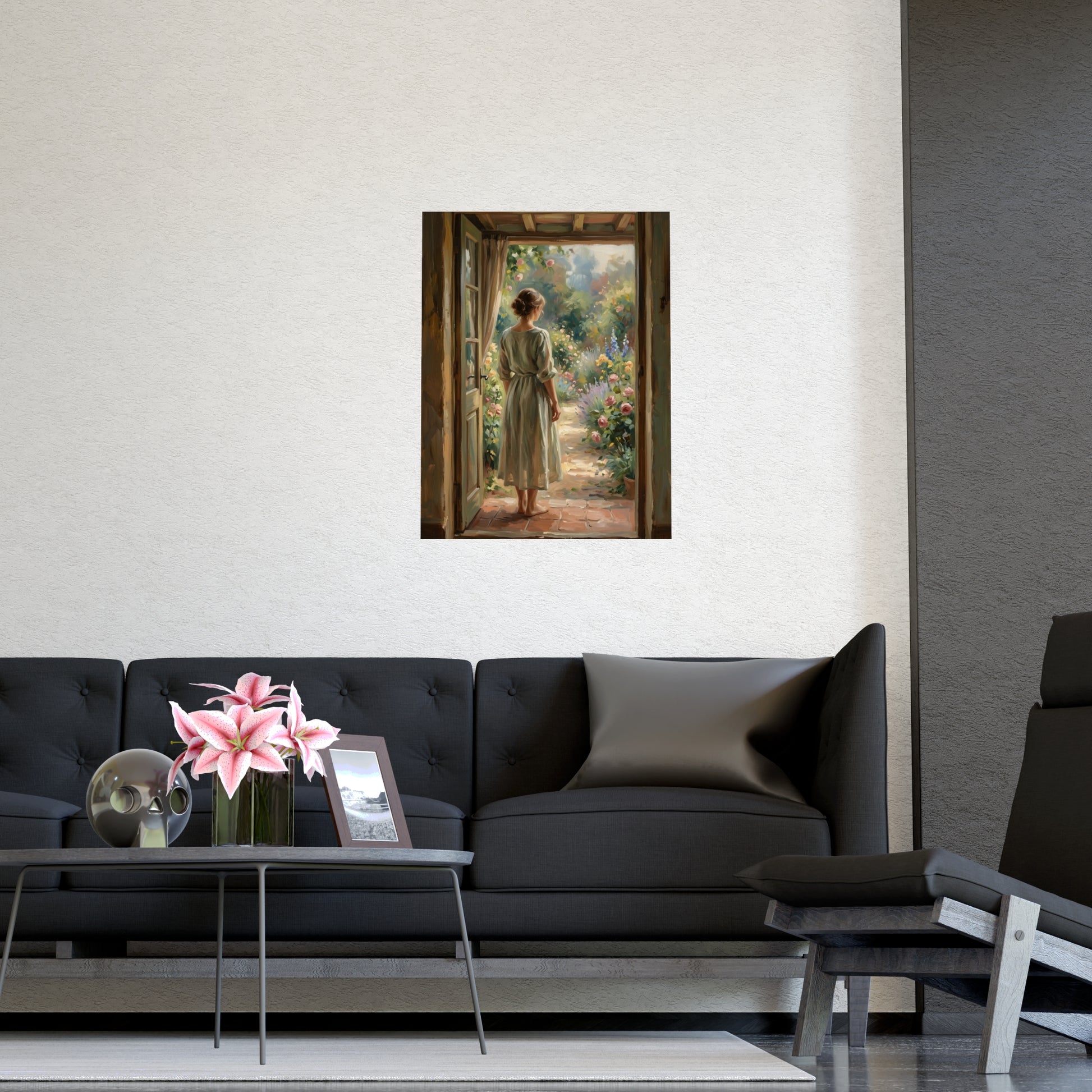 Doorway to the Garden hung above a desk with a clock and notebook, 20x30 in print