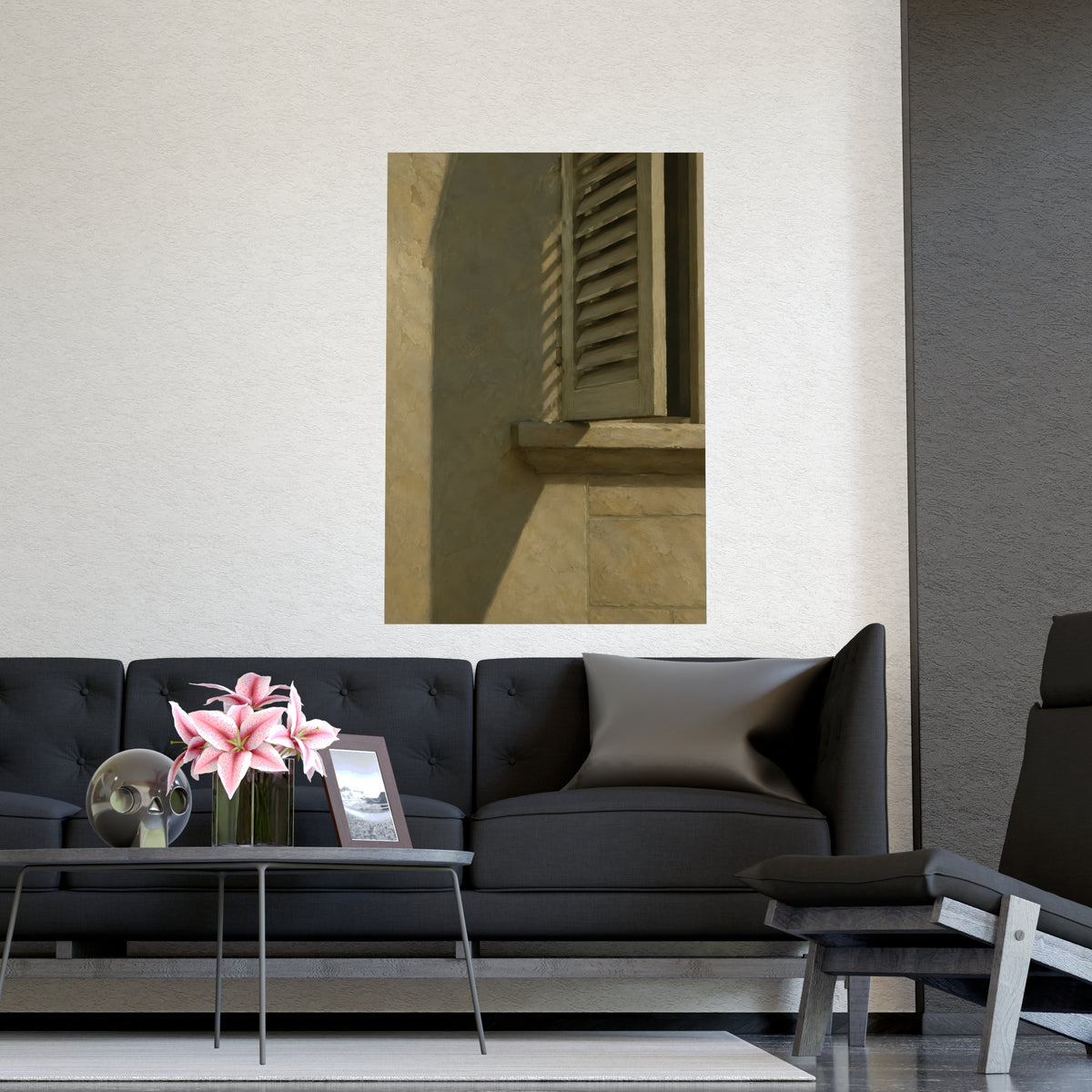 Shutters, Half Closed — shutters, half closed, shown framed on a wall