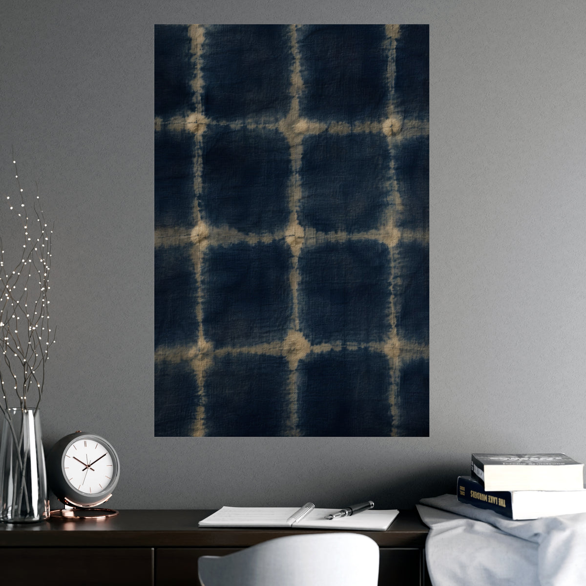 Indigo, Tied — indigo, tied, shown framed on a wall