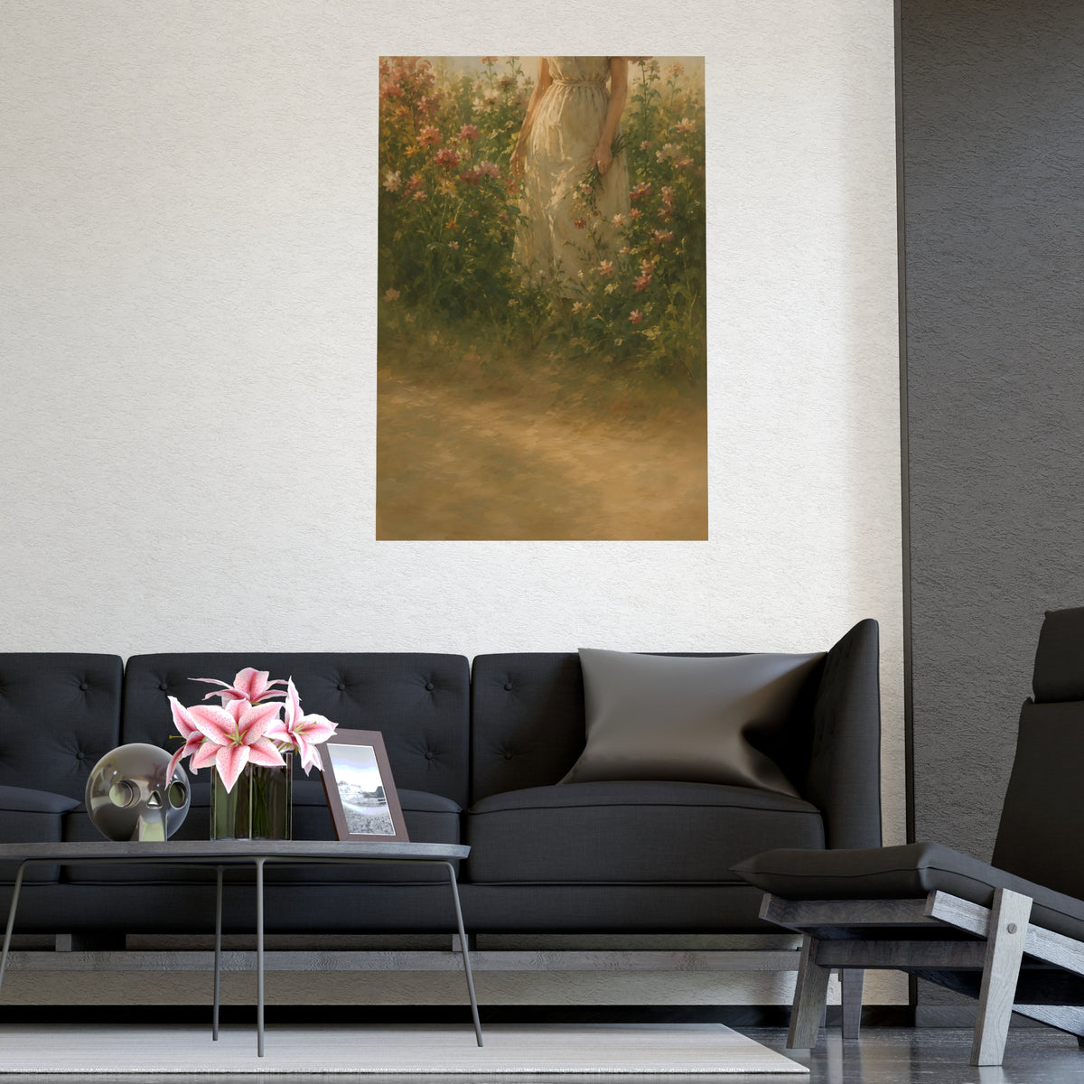 In the Tall Flowers — a woman in a linen dress standing among tall summer flowers, the top of the frame cutting her off at th
