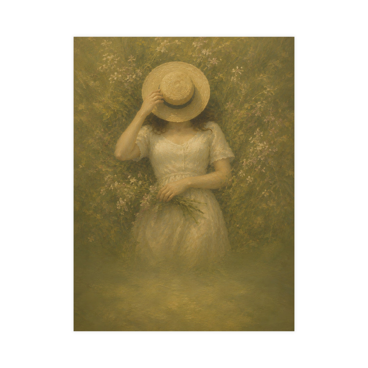 The Straw Hat — a woman lying in long grass seen from directly above, a straw hat laid over her face, 18x24 in print