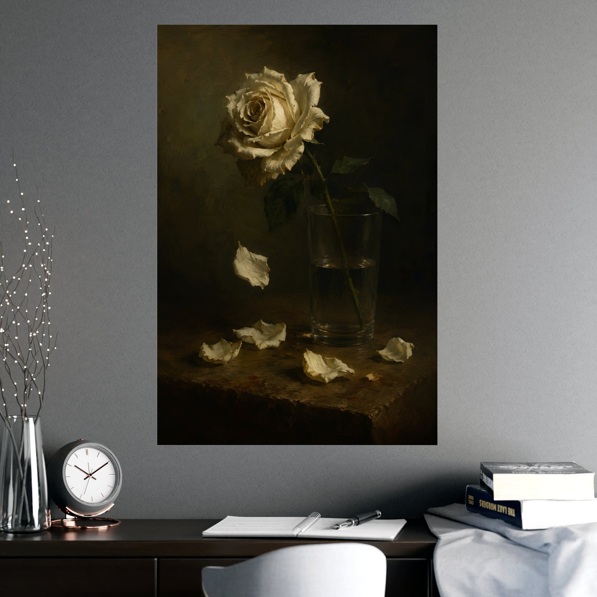 White Rose, Falling — white rose, falling, shown framed on a wall