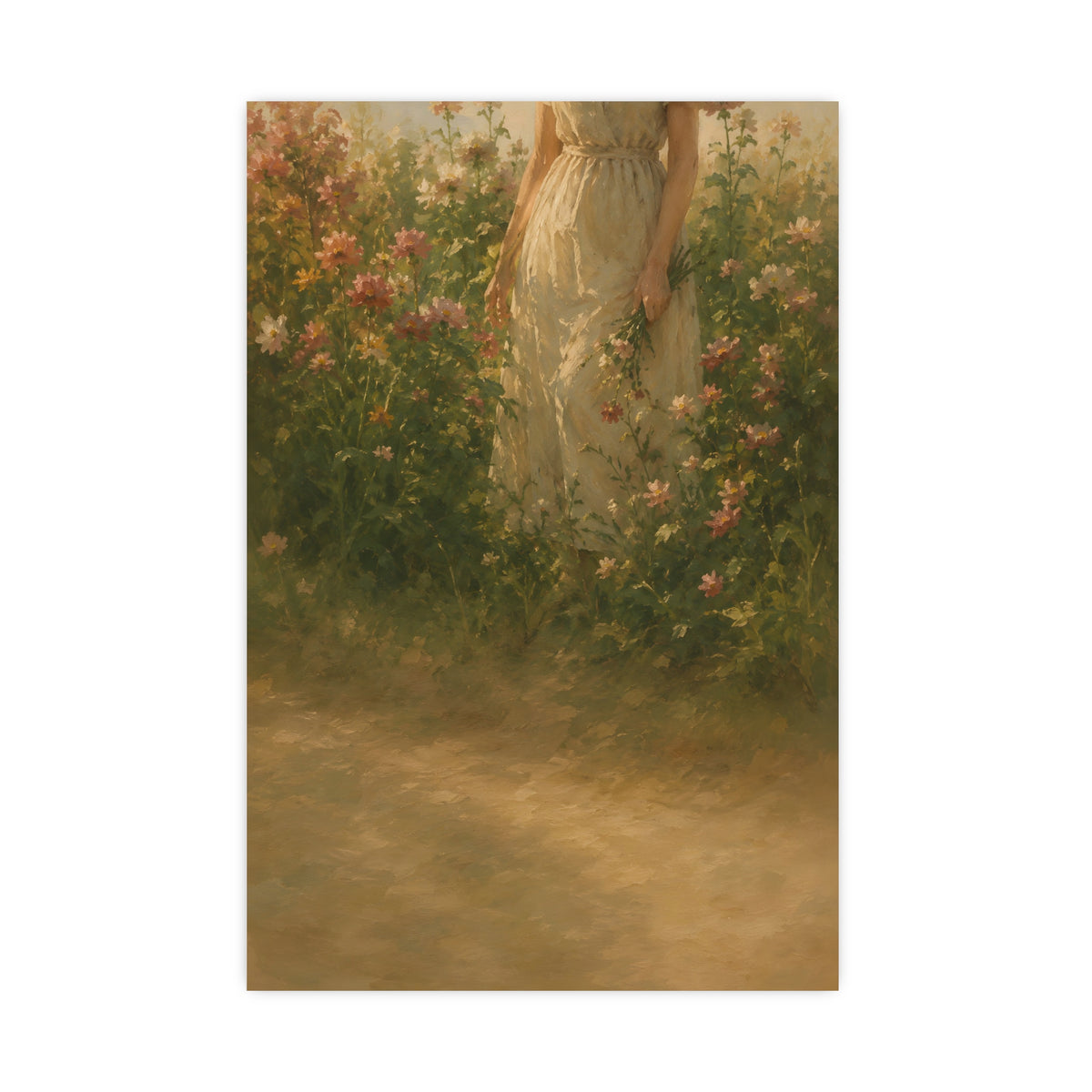 In the Tall Flowers — a woman in a linen dress standing among tall summer flowers, the top of the frame cutting her off at th