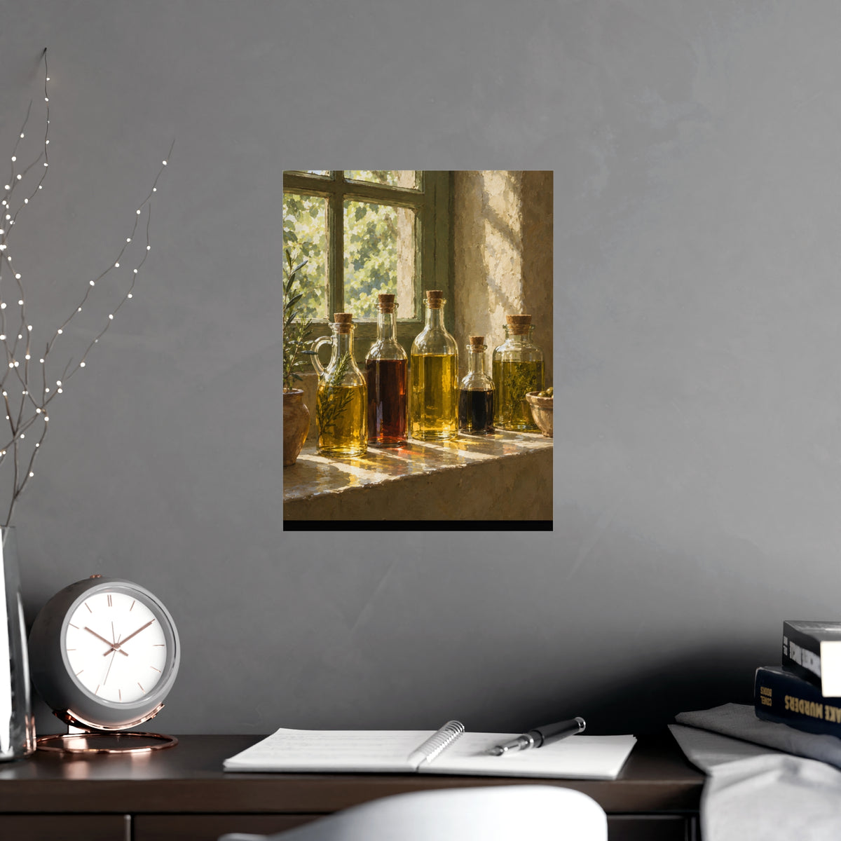 Oil and Vinegar on the Sill — oil and vinegar on the sill, shown framed on a wall