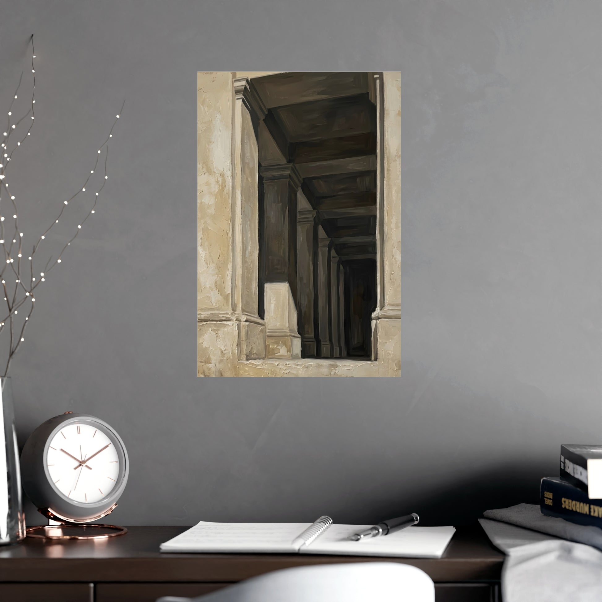 Colonnade hung on a grey wall above a dark sofa, 12x18 in print