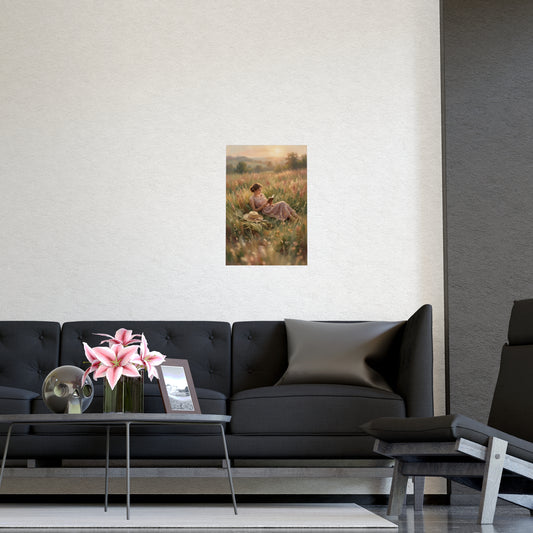 Reading in Tall Grass framed on a cream wall in a living room, 16x24 in print