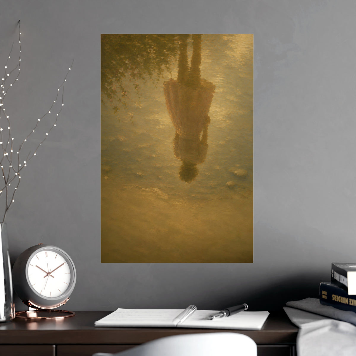 Reflected in the Shallows — only a woman's reflection in still shallow water, the figure herself out of frame, shown framed o