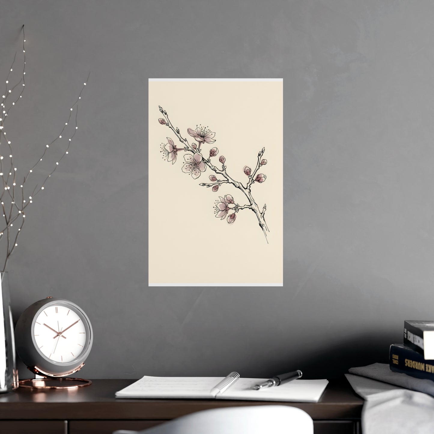 Plum Branch hung above a sofa with a side table and lilies, 11x17 in print