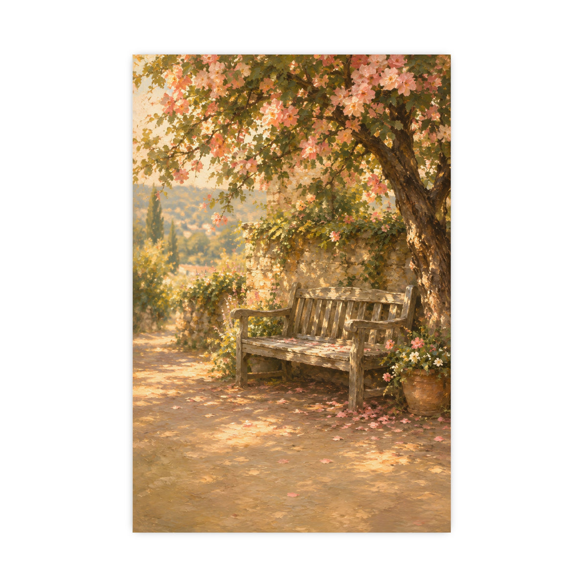 Bench Under Blossom — a weathered wooden bench under a flowering tree in a quiet garden, 20x30 in print