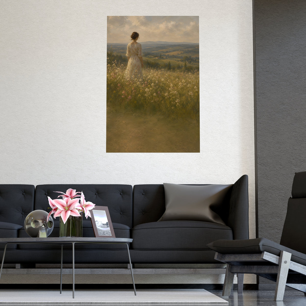 Looking to the Hills — a woman at the edge of a wildflower field looking toward distant hills, shown framed on a wall