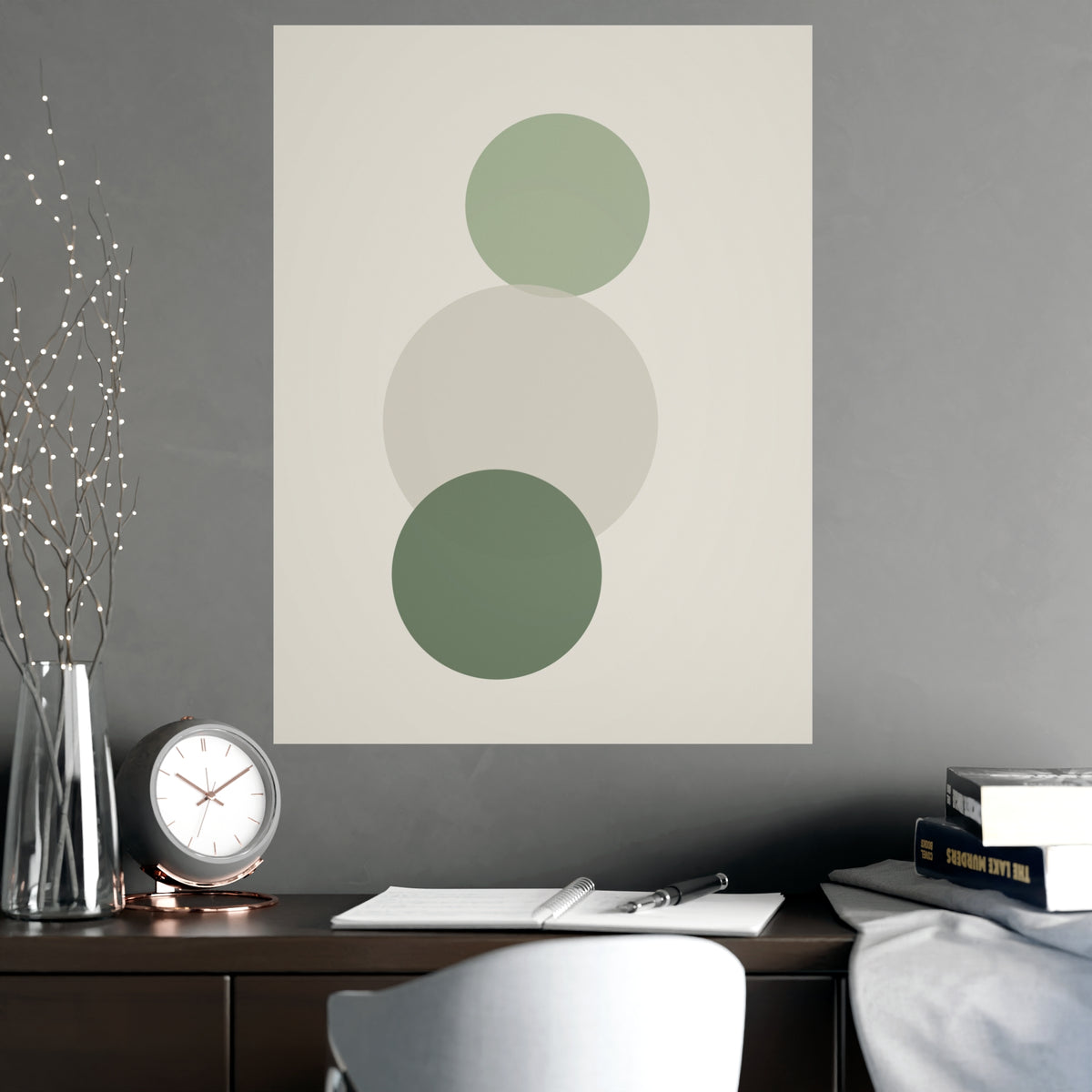 Sage Neutral Circles Boho Wall Art — circles in a sage neutral palette, shown framed on a wall