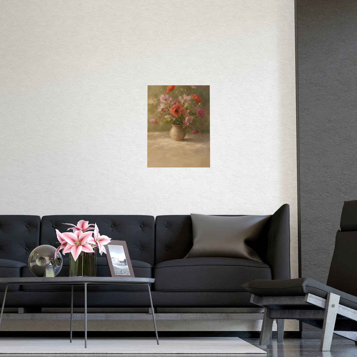 Poppy and Cosmos Bouquet — a loose bouquet of poppies and cosmos in an earthenware vase, shown framed on a wall