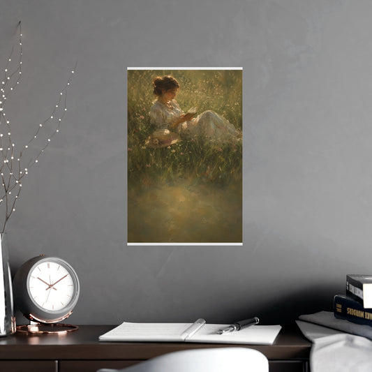 Reading in Tall Grass — a woman reading in tall summer grass, straw hat beside her, shown framed on a wall