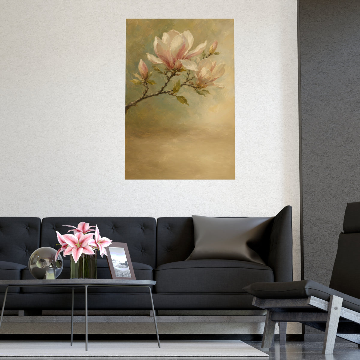 Magnolia Branch — a single magnolia branch in bloom, shown framed on a wall