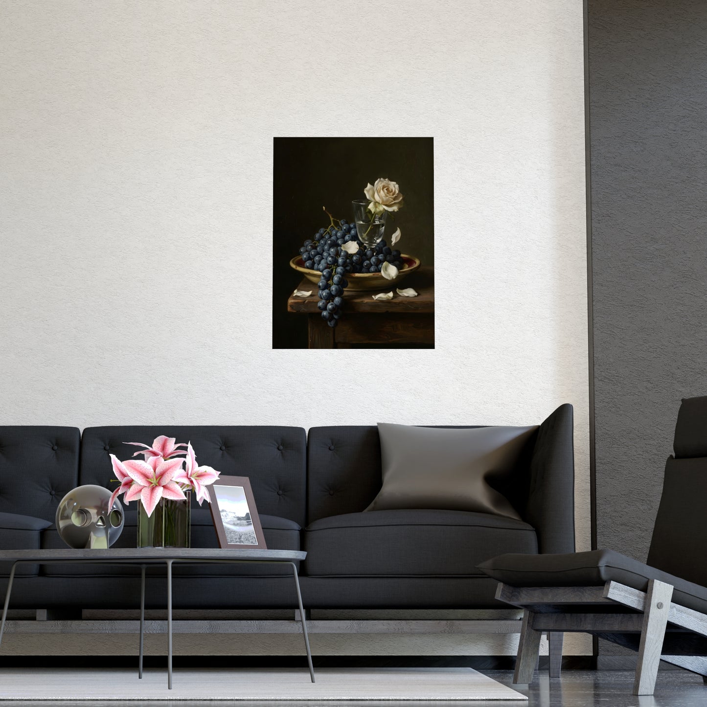 Grapes and a White Rose | Dark Still Life Print | Wall Art