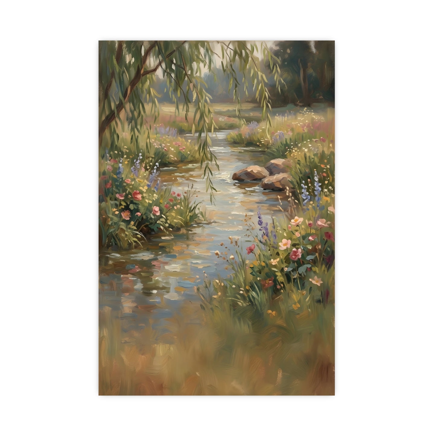 Willow Stream — a shallow stream winding through a meadow with willow branches trailing over the water, 20x30 in print