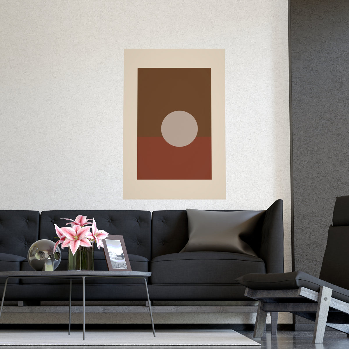 Muted 70s Sun Landscape Wall Art — sun landscape in a muted 70s palette, shown framed on a wall