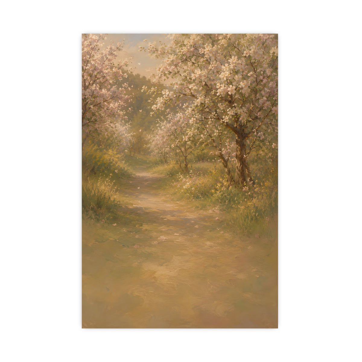 Orchard Path in Spring — a quiet orchard path with blossom drifting, 20x30 in print