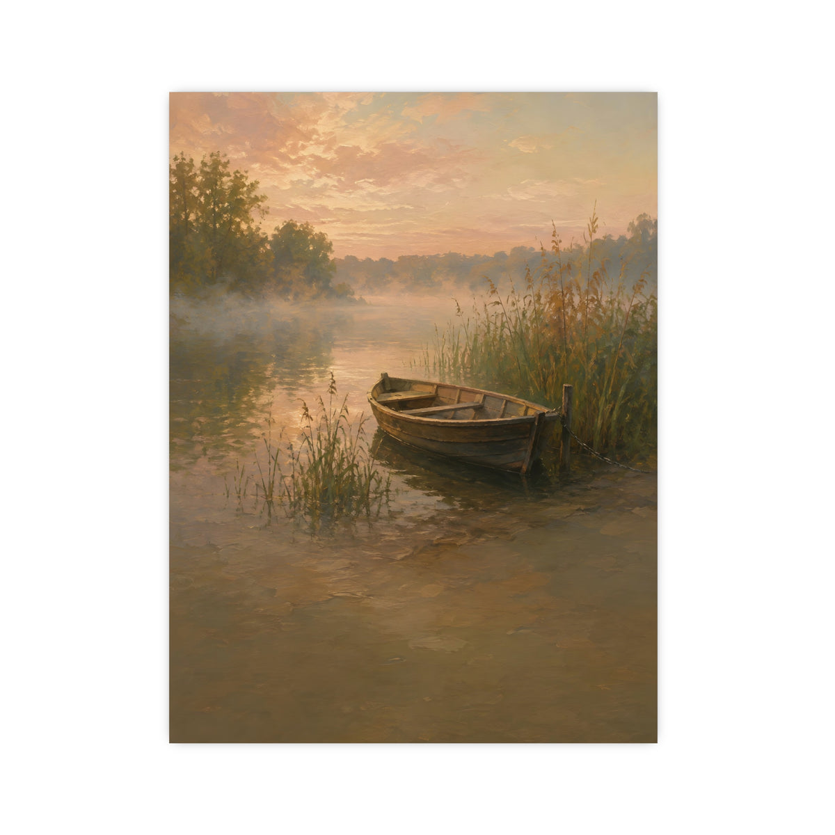 Rowboat at Dawn — a wooden rowboat moored among reeds as mist rises off the water, 12x16 in print