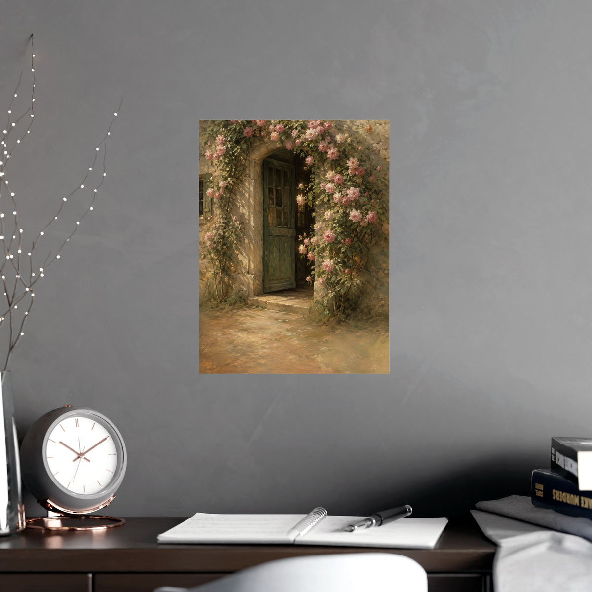 Rose Cottage Door — a stone cottage doorway framed by climbing roses in full bloom, shown framed on a wall