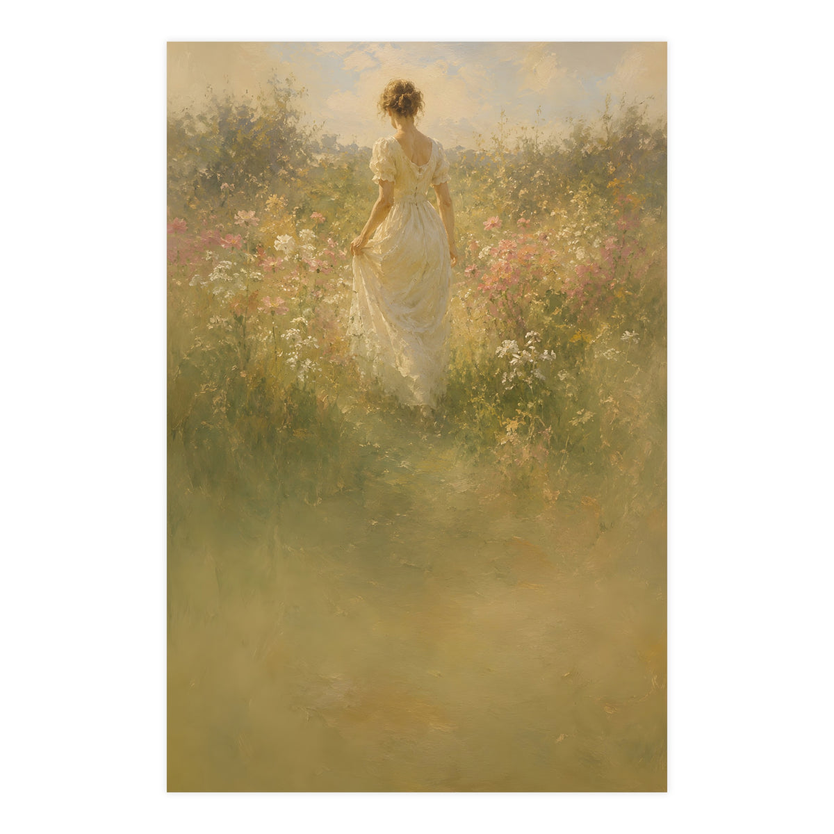 Meadow Walk — a woman walking through a summer meadow of wildflowers, 24x36 in print