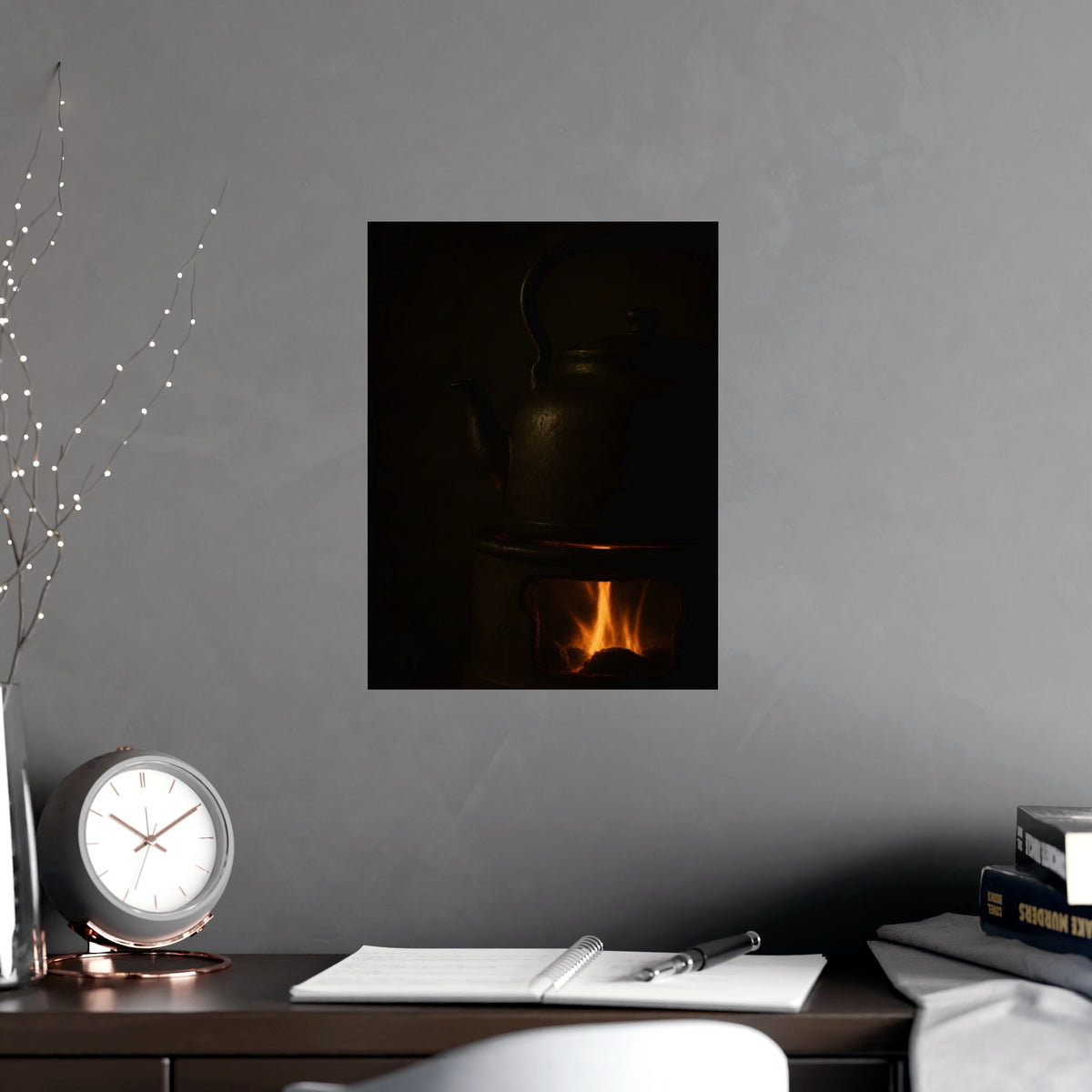Under the Kettle — under the kettle, shown framed on a wall
