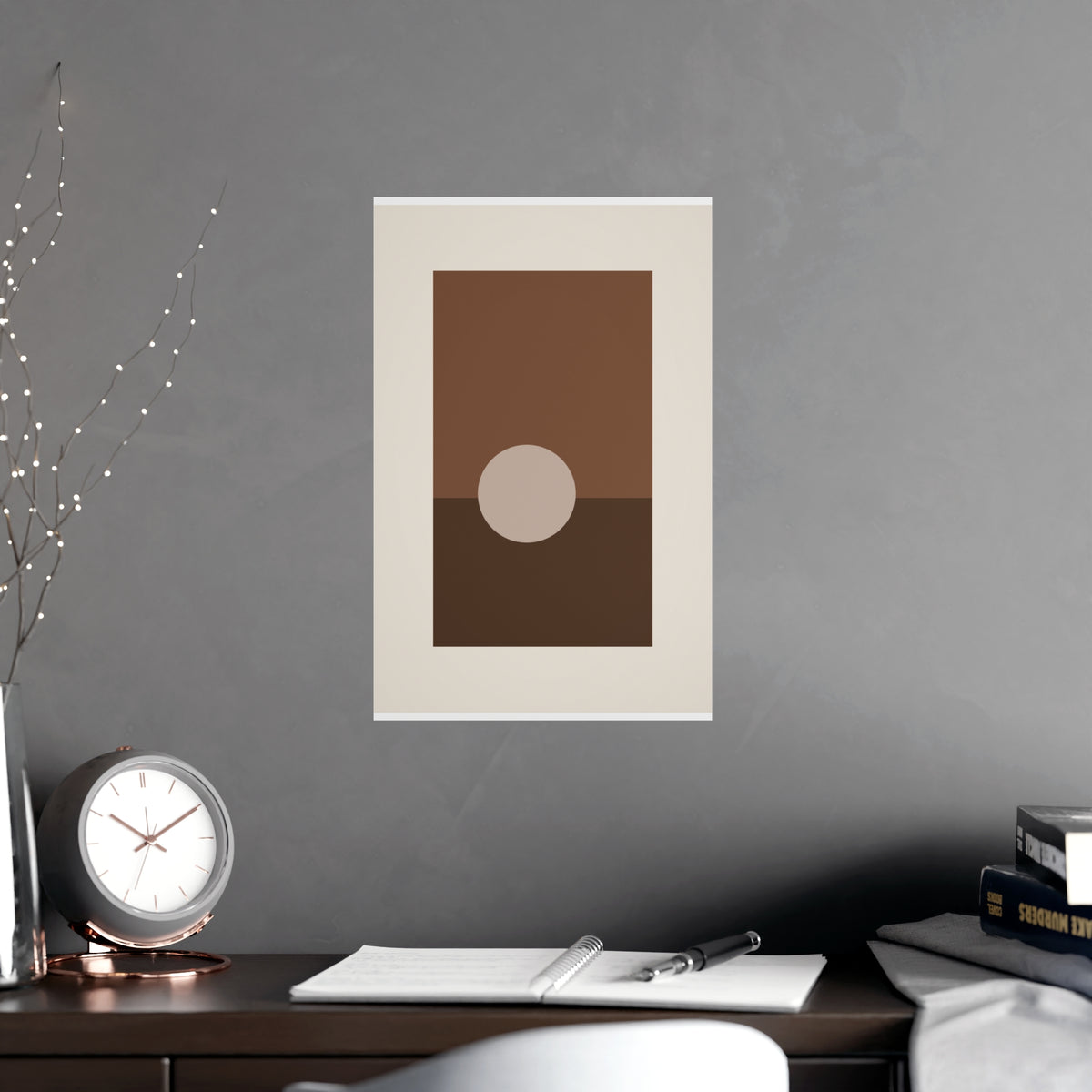 Sand Clay Sun Landscape Wall Art — sun landscape in a sand clay palette, shown framed on a wall