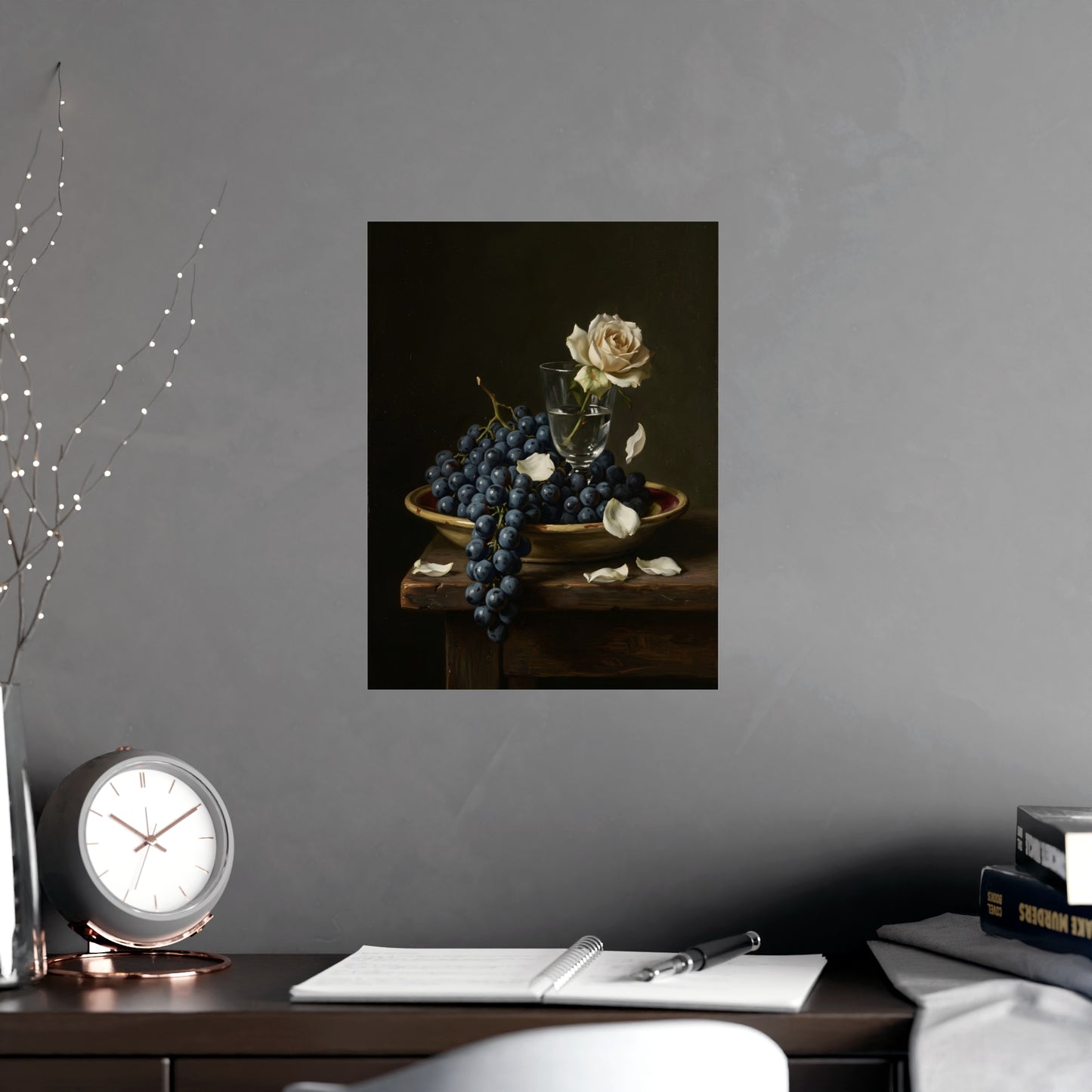 Grapes and a White Rose | Dark Still Life Print | Wall Art