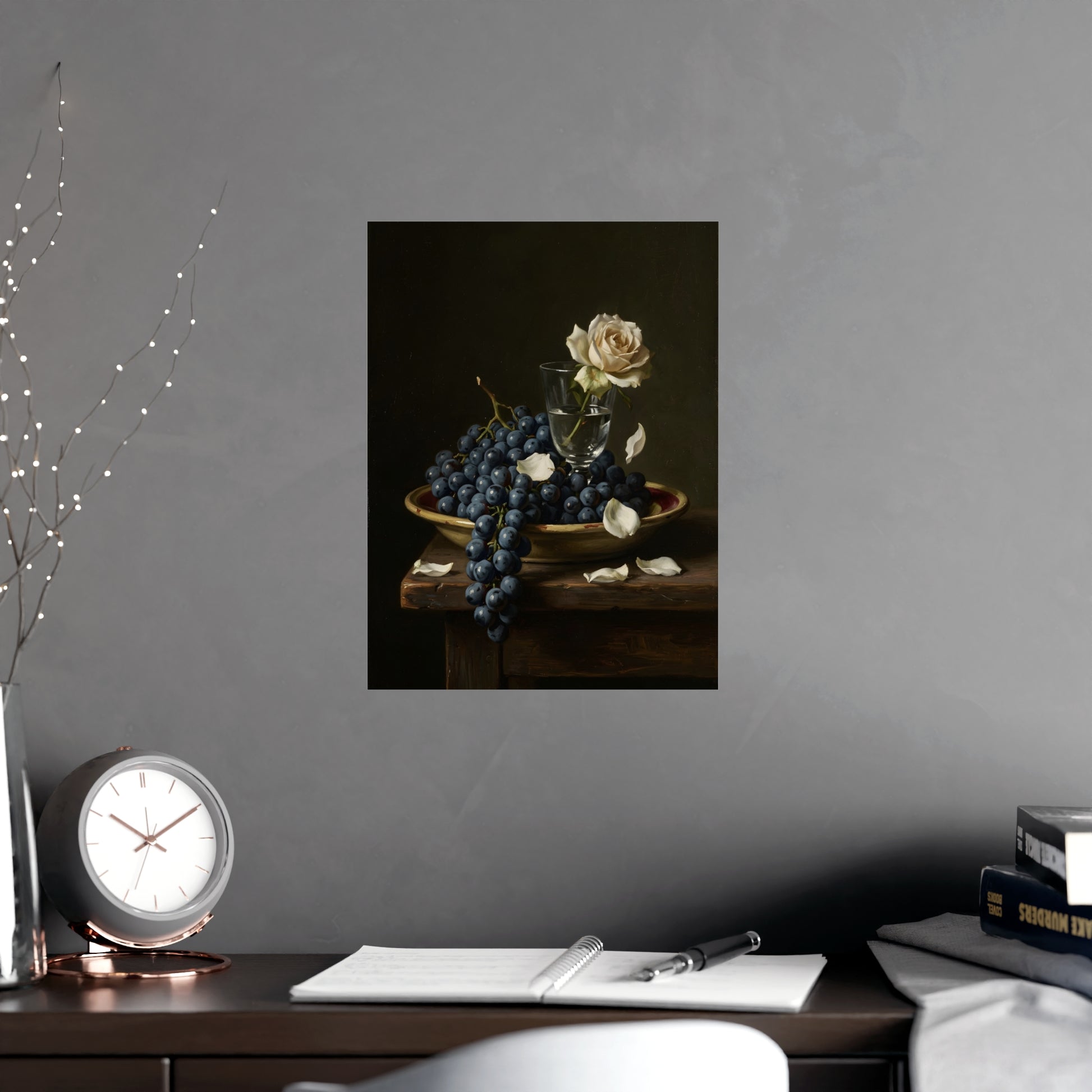 Stilllife 06 hung above a sofa with a side table and lilies, 12x18 in print