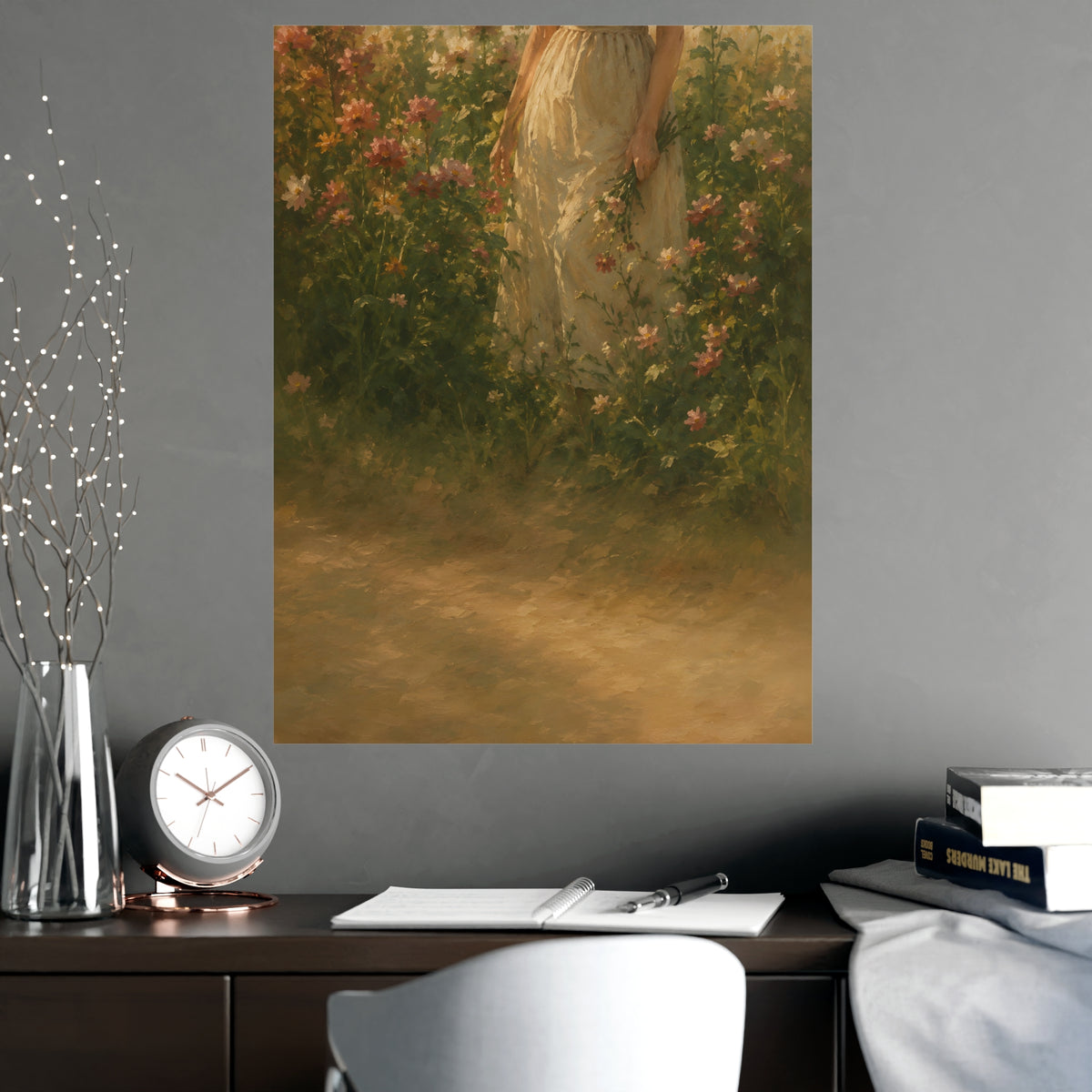 In the Tall Flowers — a woman in a linen dress standing among tall summer flowers, the top of the frame cutting her off at th