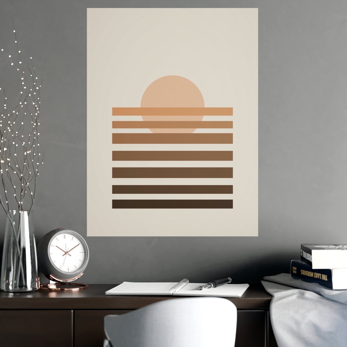 Warm Earth Sunset Boho Wall Art — sunset in a warm earth palette, shown framed on a wall